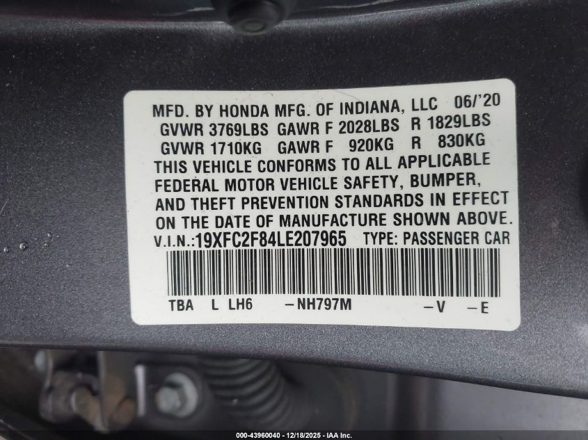 2020 Honda Civic Sport VIN: 19XFC2F84LE207965 Lot: 43960040