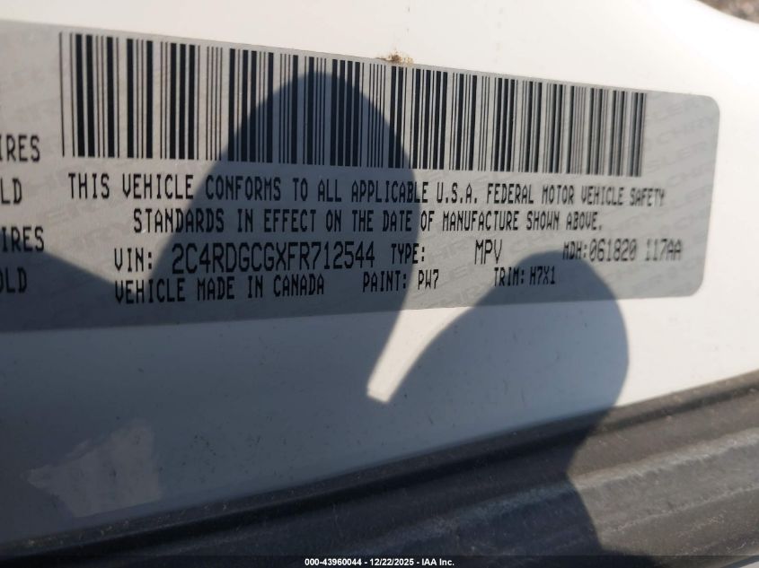 2015 Dodge Grand Caravan Sxt VIN: 2C4RDGCGXFR712544 Lot: 43960044