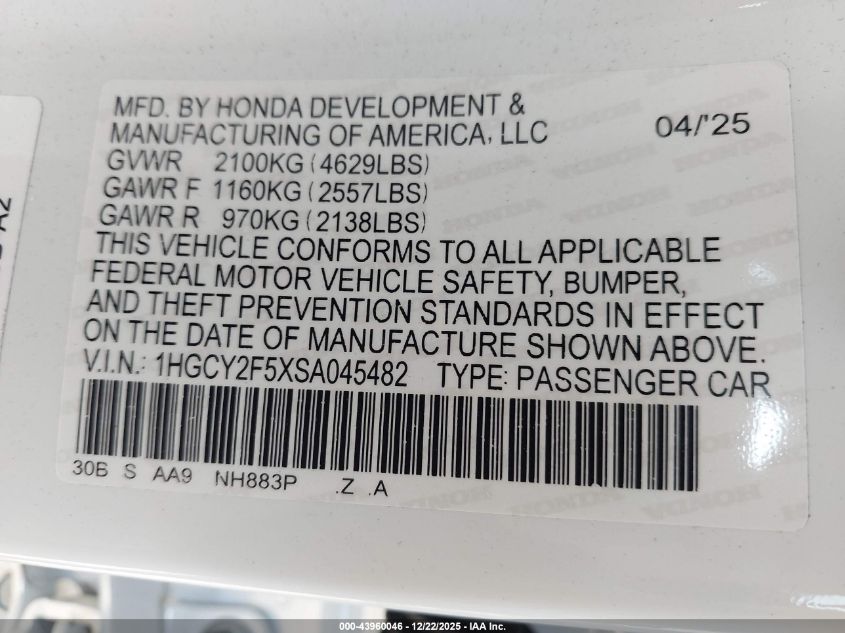 2025 Honda Accord Hybrid Sport VIN: 1HGCY2F5XSA045482 Lot: 43960046