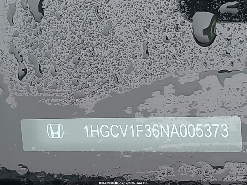 2022 Honda Accord Sport VIN: 1HGCV1F36NA005373 Lot: 43960048