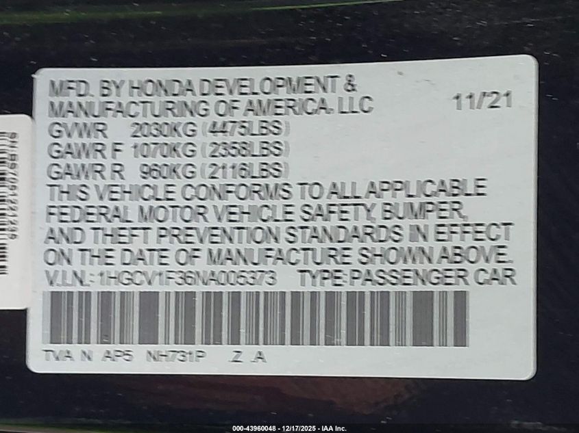 2022 Honda Accord Sport VIN: 1HGCV1F36NA005373 Lot: 43960048