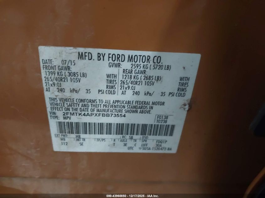 2015 Ford Edge Sport VIN: 2FMTK4APXFBB73554 Lot: 43960050