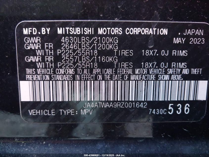 2024 Mitsubishi Eclipse Cross Se S-Awc/Sel S-Awc VIN: JA4ATWAA9RZ001642 Lot: 43960051