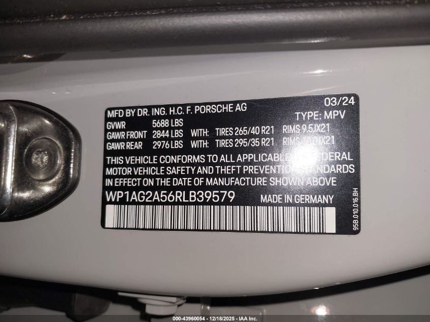 2024 Porsche Macan S VIN: WP1AG2A56RLB39579 Lot: 43960054