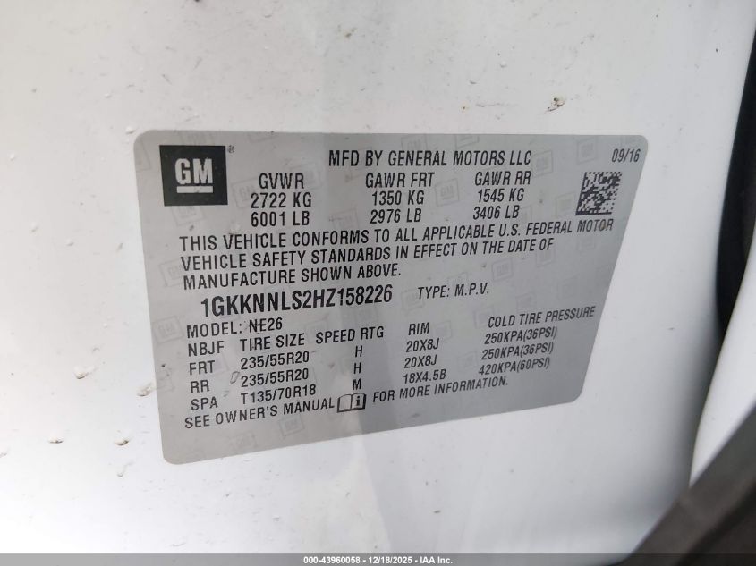 2017 GMC Acadia Slt-2 VIN: 1GKKNNLS2HZ158226 Lot: 43960058