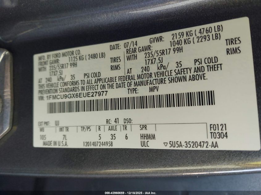 2014 Ford Escape Se VIN: 1FMCU9GX6EUE27977 Lot: 43960059