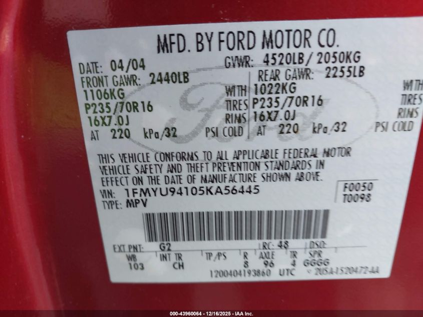 2005 Ford Escape Limited VIN: 1FMYU94105KA56445 Lot: 43960064