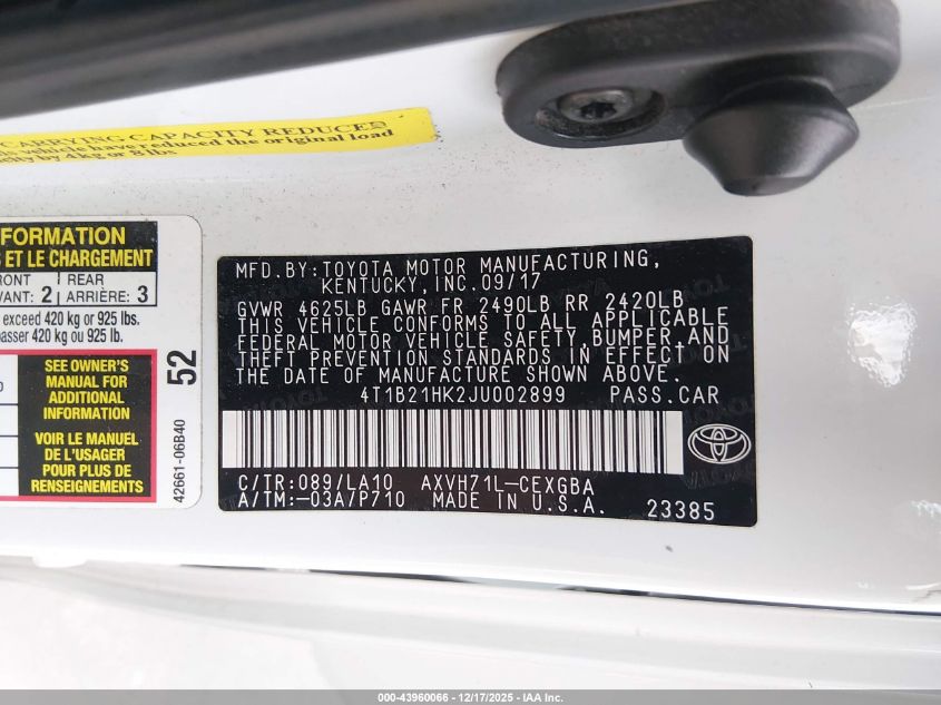 2018 Toyota Camry Hybrid Xle VIN: 4T1B21HK2JU002899 Lot: 43960066