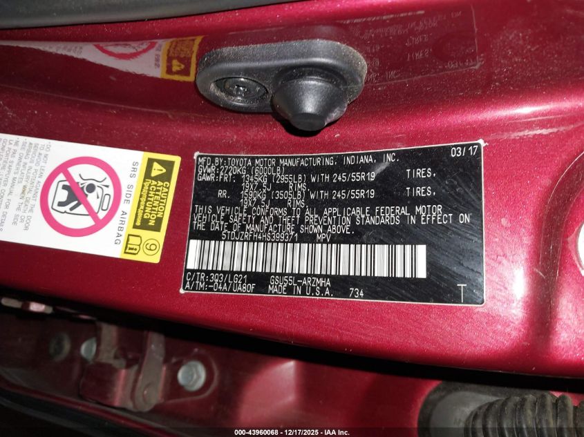 2017 Toyota Highlander Se VIN: 5TDJZRFH4HS399371 Lot: 43960068