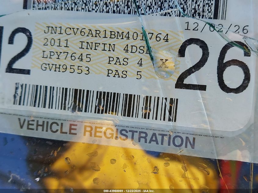 2011 Infiniti G37X VIN: JN1CV6AR1BM401764 Lot: 43960069