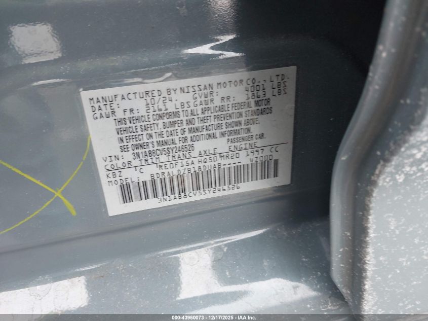 2025 Nissan Sentra Sv VIN: 3N1AB8CV5SY246526 Lot: 43960073