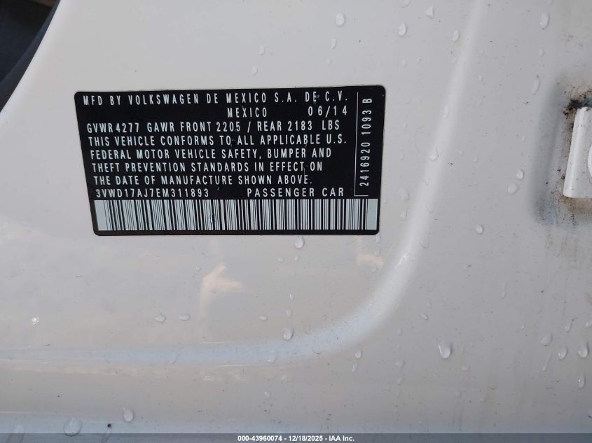 2014 Volkswagen Jetta 1.8T Se VIN: 3VWD17AJ7EM311893 Lot: 43960074