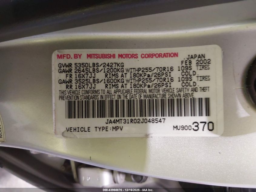 2002 Mitsubishi Montero Sport Xls VIN: JA4MT31R02J048547 Lot: 43960076