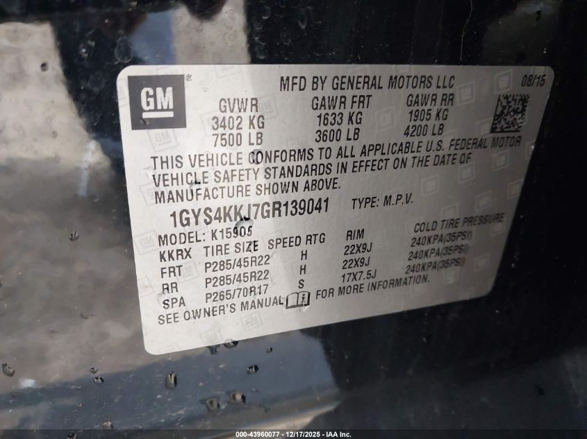 2016 Cadillac Escalade Esv Platinum VIN: 1GYS4KKJ7GR139041 Lot: 43960077