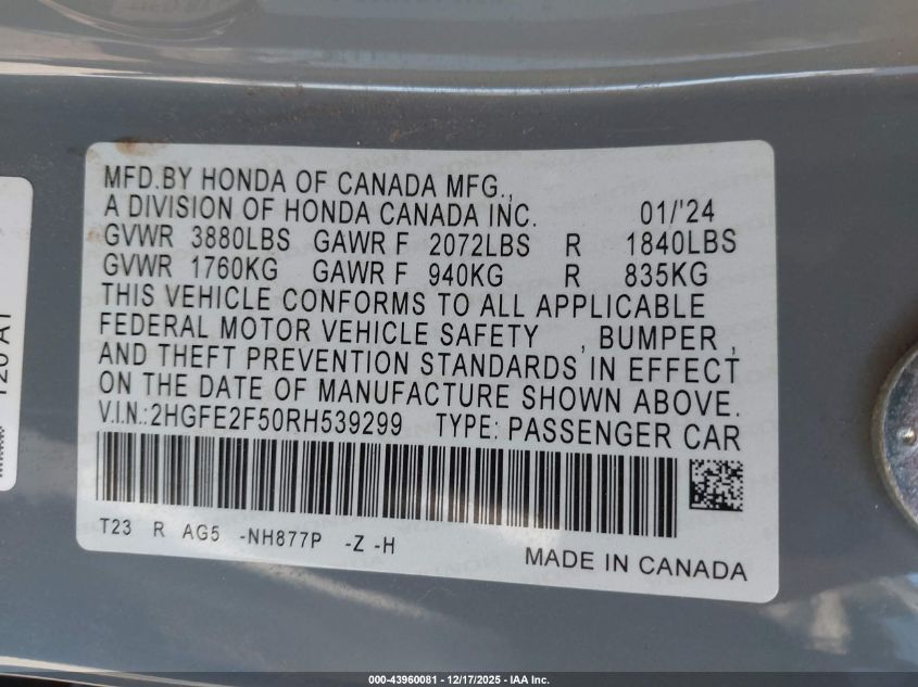 2024 Honda Civic Sport VIN: 2HGFE2F50RH539299 Lot: 43960081