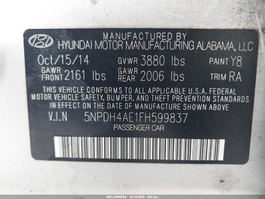 2015 Hyundai Elantra Se VIN: 5NPDH4AE1FH599837 Lot: 43960082