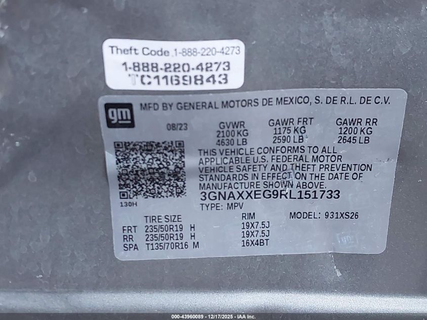 2024 Chevrolet Equinox Awd Premier VIN: 3GNAXXEG9RL151733 Lot: 43960089