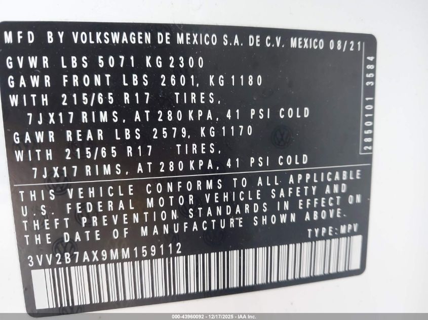 2021 Volkswagen Tiguan 2.0T Se/2.0T Se R-Line Black/2.0T Sel VIN: 3VV2B7AX9MM159112 Lot: 43960092