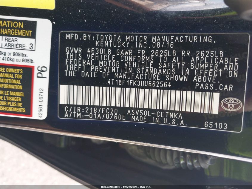 2017 Toyota Camry Le VIN: 4T1BF1FK3HU662564 Lot: 43960096