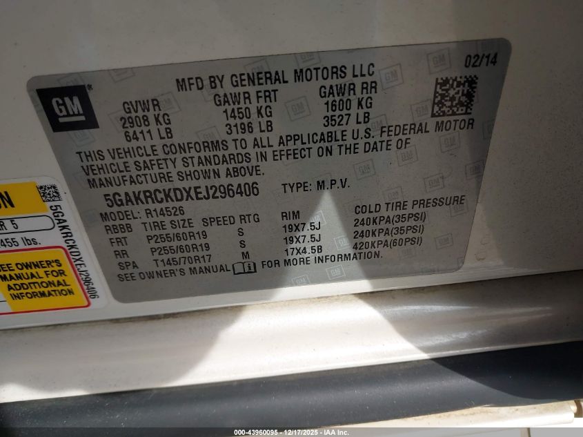 2014 Buick Enclave Premium VIN: 5GAKRCKDXEJ296406 Lot: 43960095