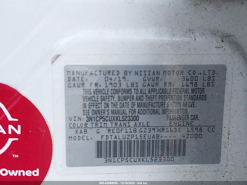 2019 Nissan Kicks Sr VIN: 3N1CP5CUXKL523300 Lot: 43960098