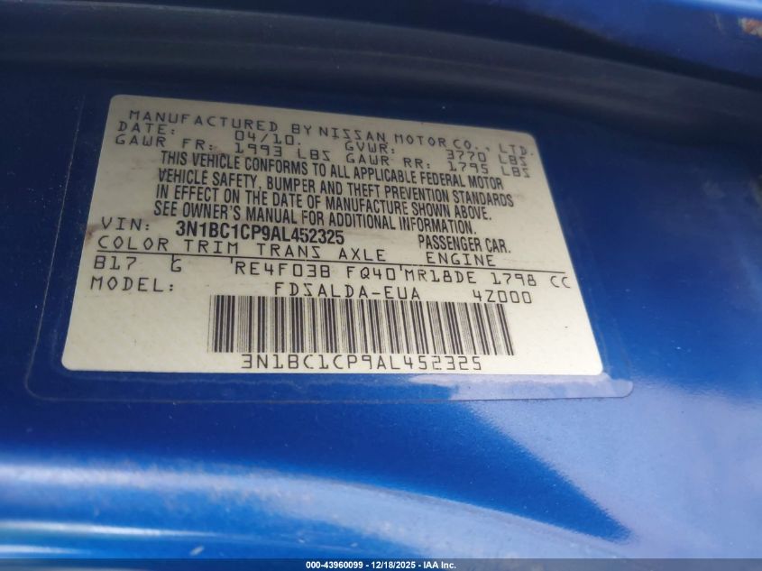 2010 Nissan Versa 1.8S VIN: 3N1BC1CP9AL452325 Lot: 43960099