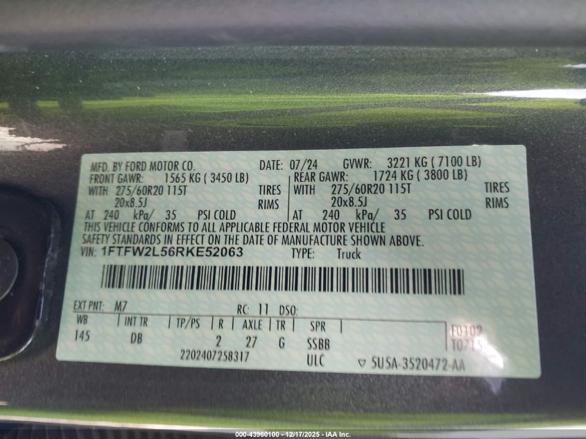 2024 Ford F-150 Stx VIN: 1FTFW2L56RKE52063 Lot: 43960100