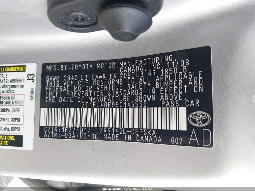 2009 Toyota Corolla S VIN: 2T1BU40E99C145556 Lot: 43960101