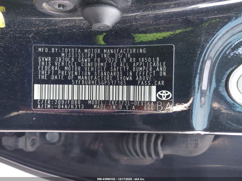 2016 Toyota Corolla S Plus VIN: 5YFBURHE5GP517165 Lot: 43960102