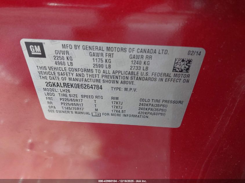 2014 GMC Terrain Sle-2 VIN: 2GKALREK0E6264784 Lot: 43960104