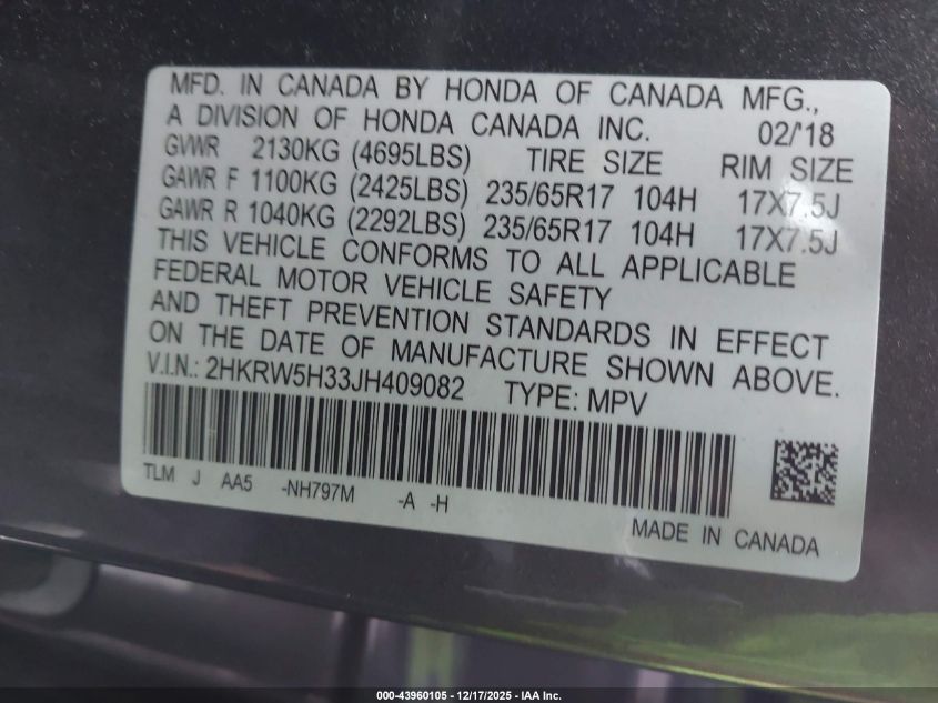 2018 Honda Cr-V Lx VIN: 2HKRW5H33JH409082 Lot: 43960105