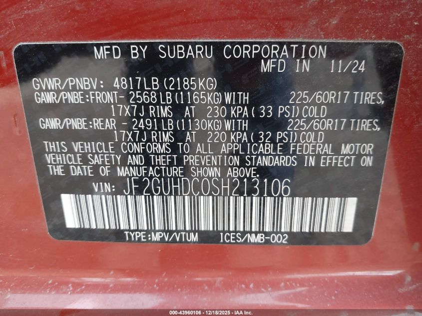 2025 Subaru Crosstrek Premium VIN: JF2GUHDC0SH213106 Lot: 43960106