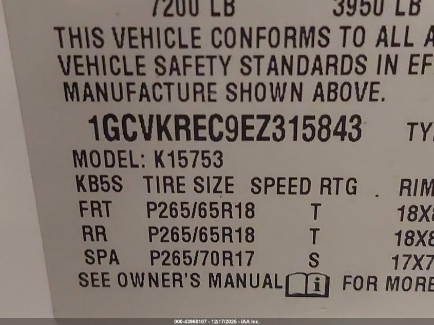 2014 Chevrolet Silverado 1500 1Lt VIN: 1GCVKREC9EZ315843 Lot: 43960107