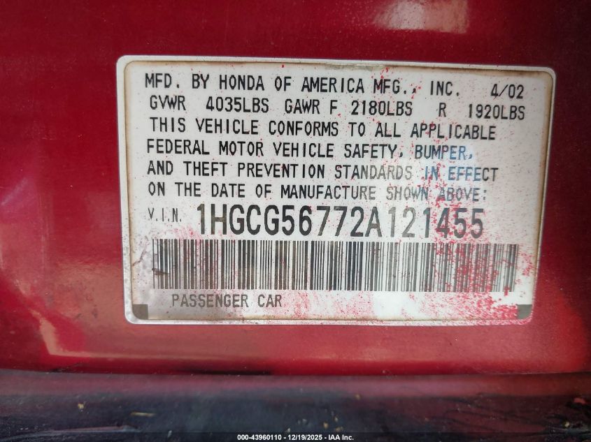 2002 Honda Accord 2.3 Se VIN: 1HGCG56772A121455 Lot: 43960110