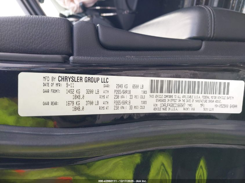 2012 Jeep Grand Cherokee Laredo VIN: 1C4RJFAG9CC166507 Lot: 43960111