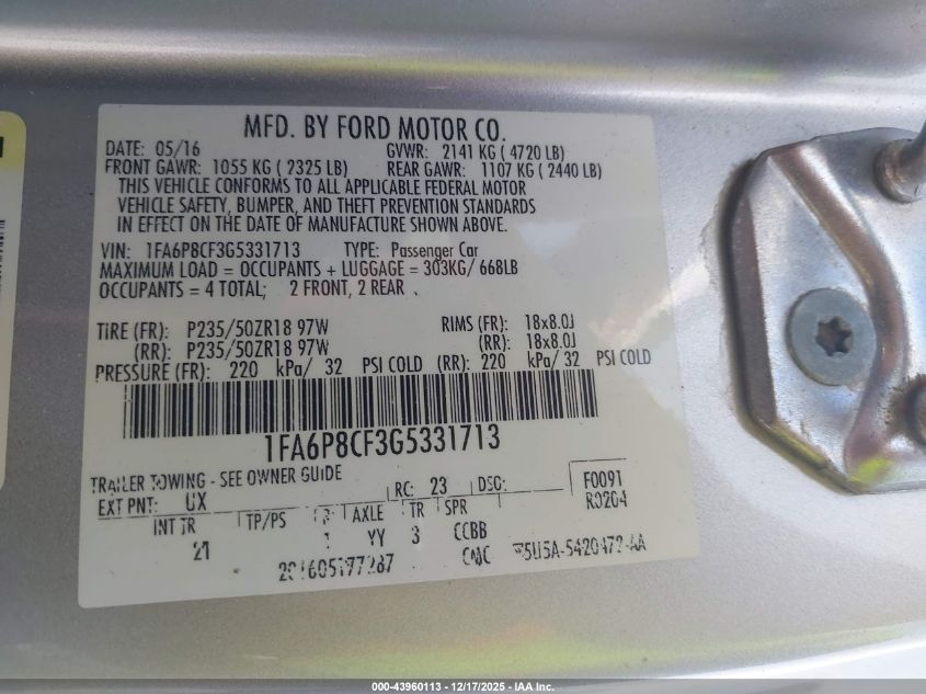 2016 Ford Mustang Gt VIN: 1FA6P8CF3G5331713 Lot: 43960113