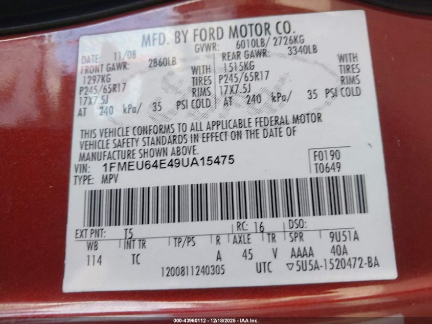 2009 Ford Explorer Eddie Bauer VIN: 1FMEU64E49UA15475 Lot: 43960112