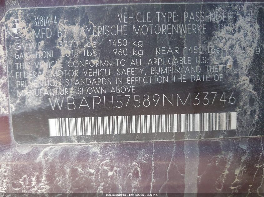 2009 BMW 328I VIN: WBAPH57589NM33746 Lot: 43960114