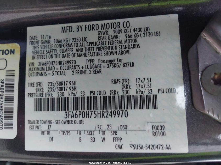 2017 Ford Fusion Se VIN: 3FA6P0H75HR249970 Lot: 43960115