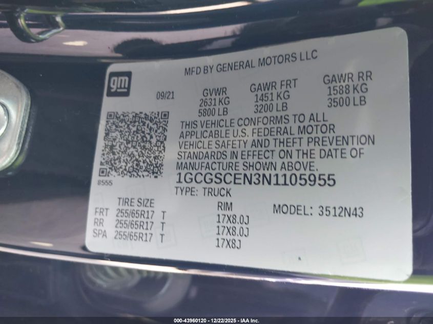 2022 Chevrolet Colorado 2Wd Short Box Lt VIN: 1GCGSCEN3N1105955 Lot: 43960120