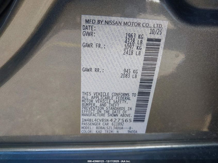 2025 Nissan Altima Sr Fwd VIN: 1N4BL4CV8SN427565 Lot: 43960123