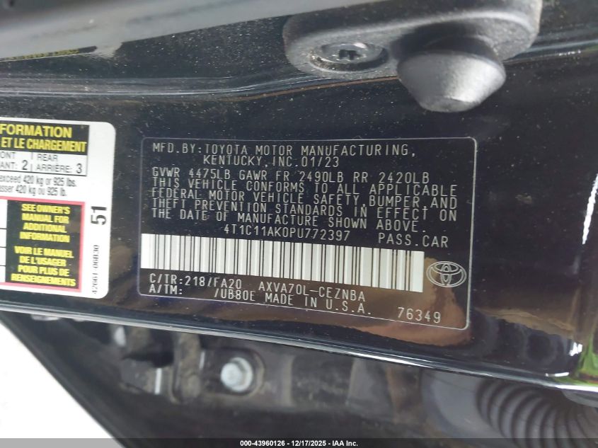 2023 Toyota Camry Le VIN: 4T1C11AK0PU772397 Lot: 43960126