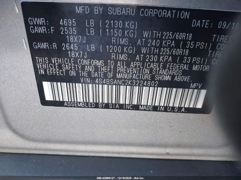 2019 Subaru Outback 2.5I Limited VIN: 4S4BSANC2K3224802 Lot: 43960127