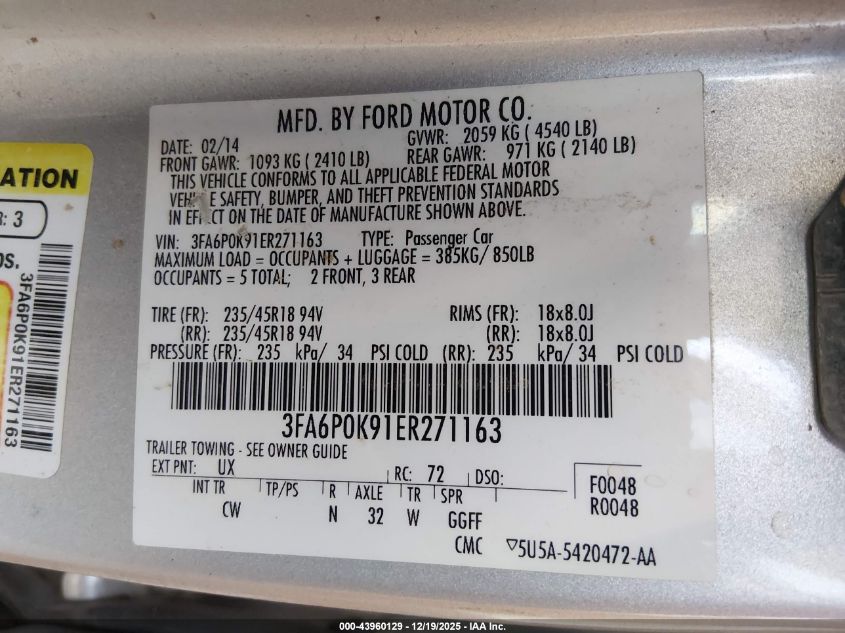 2014 Ford Fusion Titanium VIN: 3FA6P0K91ER271163 Lot: 43960129