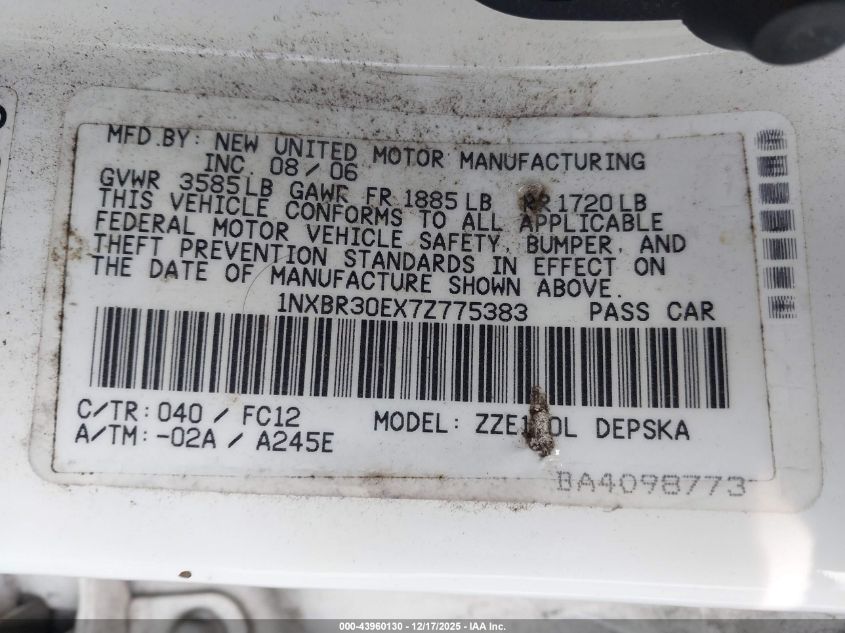 2007 Toyota Corolla S VIN: 1NXBR30EX7Z775383 Lot: 43960130