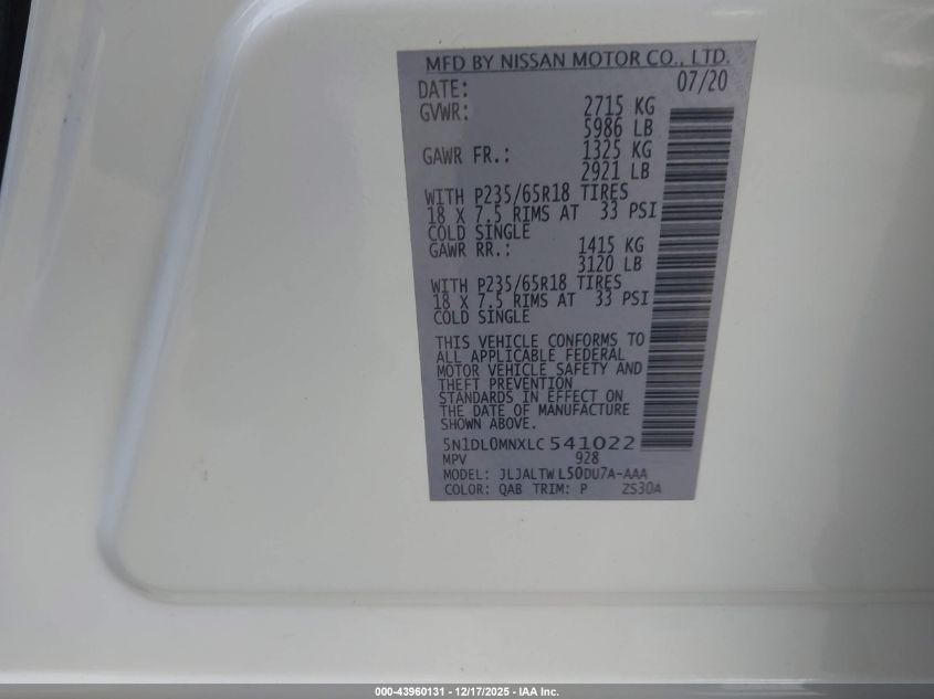 2020 Infiniti Qx60 Luxe VIN: 5N1DL0MNXLC541022 Lot: 43960131