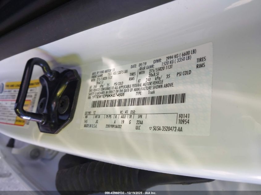 2019 Ford F-150 Xl VIN: 1FTEW1EP9KKE74505 Lot: 43960133