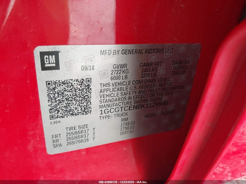 2019 Chevrolet Colorado Lt VIN: 1GCGTCEN0K1129946 Lot: 43960135