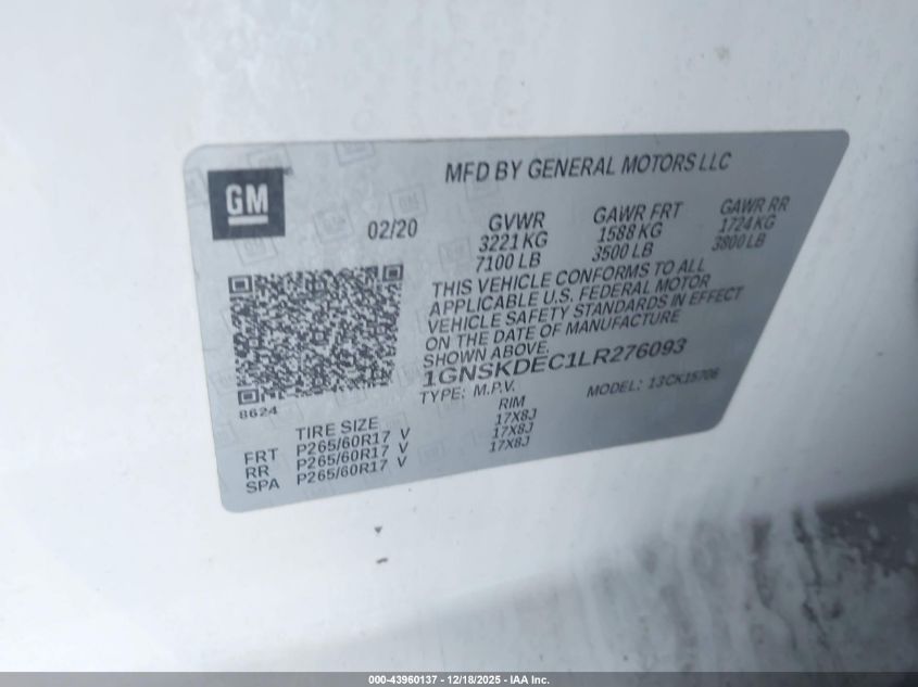 2020 Chevrolet Tahoe 4Wd Commercial Fleet VIN: 1GNSKDEC1LR276093 Lot: 43960137