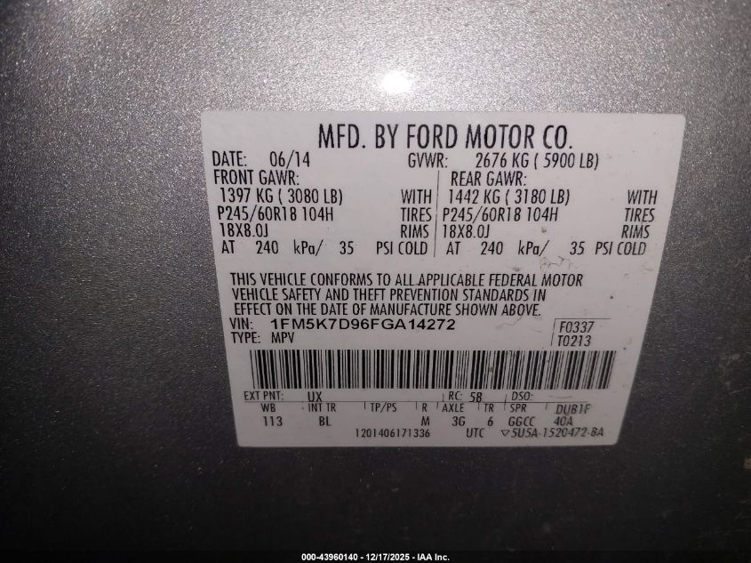 2015 Ford Explorer Xlt VIN: 1FM5K7D96FGA14272 Lot: 43960140